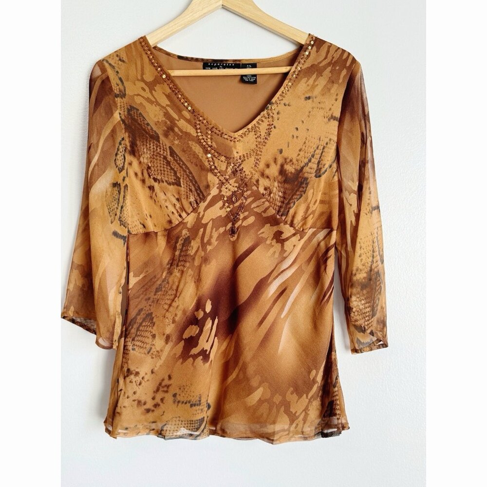 Separates by NY Silk Sheer Amber Brown Sequin Top Womens Large Petite Animal Y2K